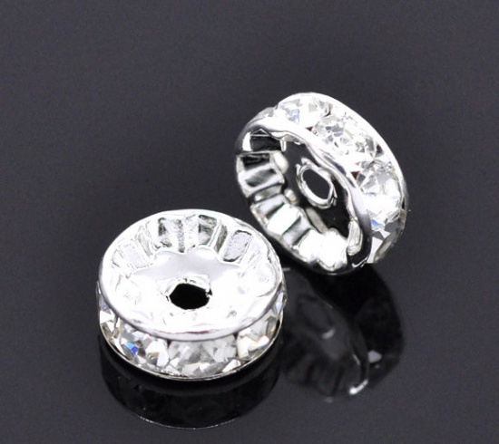 Picture of Copper Rondelle Spacer Beads Round Silver Plated Clear Rhinestone About 10mm( 3/8") Dia, Hole:Approx 1.9mm, 4 PCs