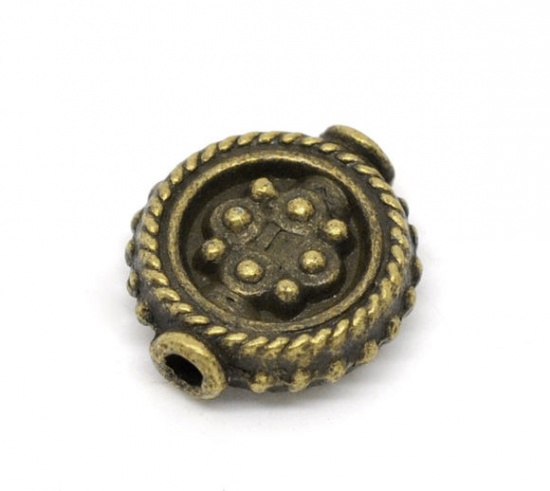 Picture of Zinc Based Alloy Spacer Beads Flat Round Antique Bronze Dot Carved About 13mm x 12mm, Hole:Approx 1.7mm, 6 PCs