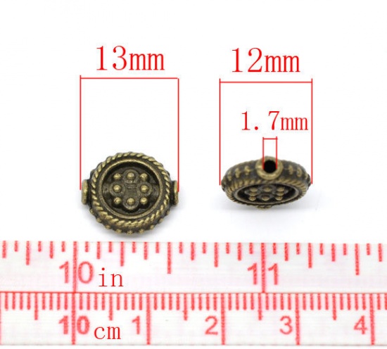 Picture of Zinc Based Alloy Spacer Beads Flat Round Antique Bronze Dot Carved About 13mm x 12mm, Hole:Approx 1.7mm, 6 PCs