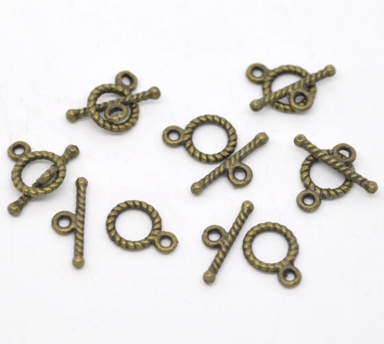 Picture of Zinc Based Alloy Toggle Clasps Round Antique Bronze Stripe Carved 16mm x 5mm 11mm x 9mm, 20 Sets