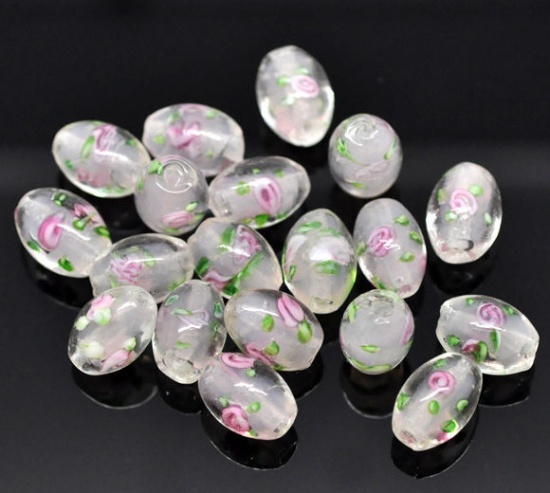 Picture of Lampwork Glass Loose Beads Barrel Light Pink Flower Pattern About 14mm x 10mm, Hole: Approx 1.6mm, 2 PCs