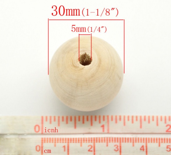 ウッド スペーサ ビーズ 円形 自然な色 約 30mm直径、 穴：約 5mm、 3 個 の画像