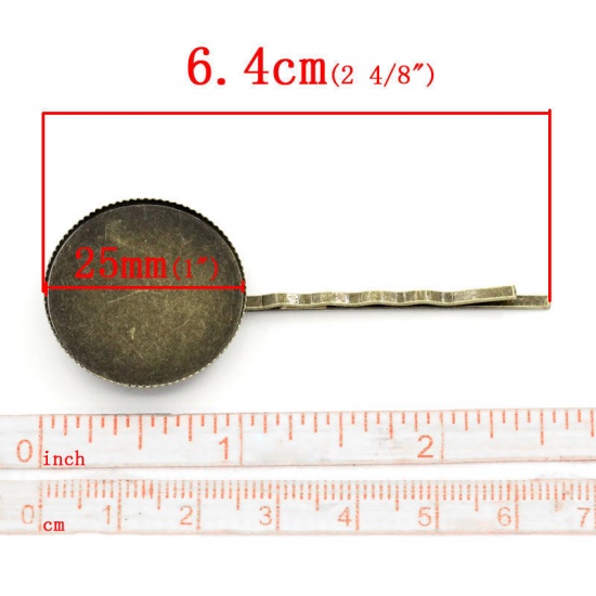 Picture of Copper Bobby Pins Hair Grips Clips Round Antique Bronze Cabochon Setting (Fits 25mm Dia.) 6.4cm x 2.6cm, 2 PCs