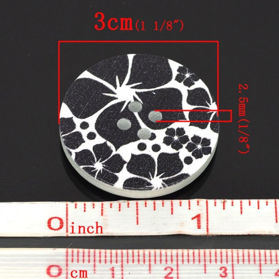 Picture of Wood Sewing Buttons Scrapbooking 4 Holes Round Black Flower Pattern 3cm(1 1/8") Dia, 5 PCs