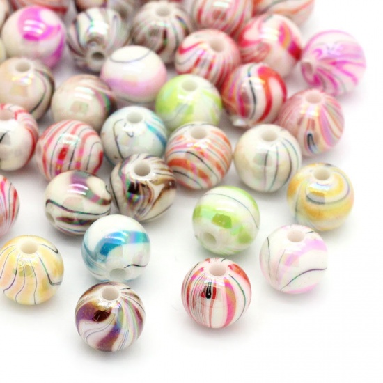 Picture of Acrylic Bubblegum Beads Ball At Random Mixed AB Color Stripe Pattern About 8mm Dia, Hole: Approx 1.5mm, 30 PCs