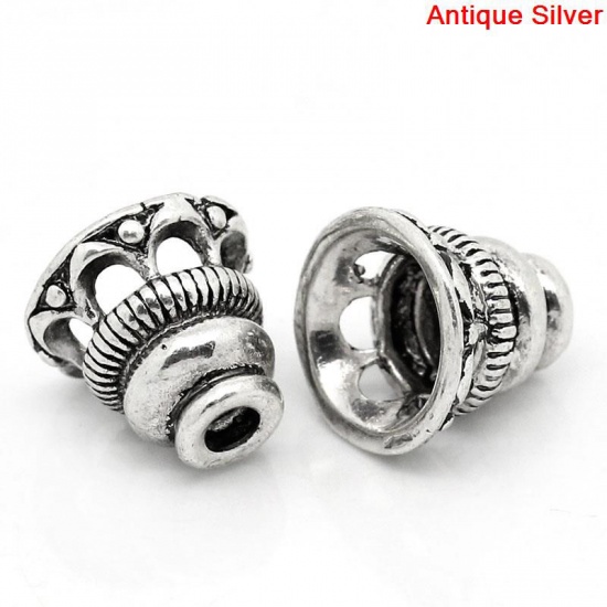 Picture of Brass Beads Caps Bell Antique Silver Color Hollow (Fits 18mm Beads) 10mm( 3/8") x 9mm( 3/8"), 1 Piece                                                                                                                                                         