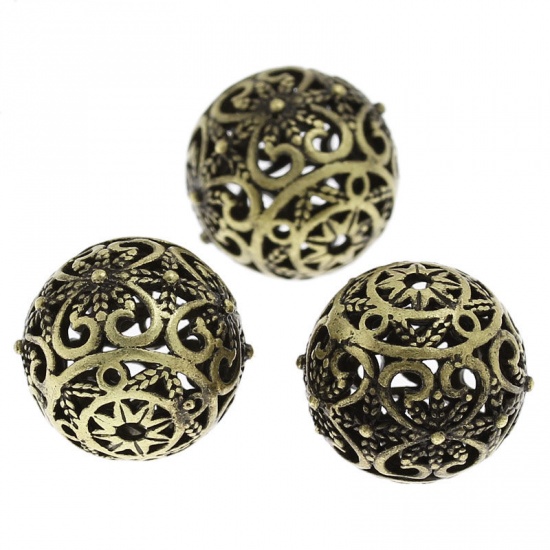 Bild von Messing Filigran Spacer Perlen Rund Bronzefarbe,Blumen Hohl Geschnitzt 17mm x 16mm, Loch:ca. 2mm, 1 Stück