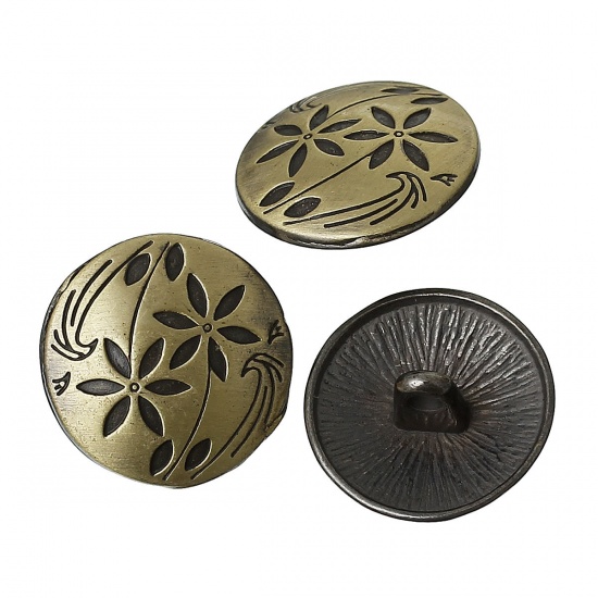 Picture of Zinc Based Alloy Metal Sewing Shank Buttons Round Antique Bronze Flower Carved 17mm( 5/8") Dia, 2 PCs