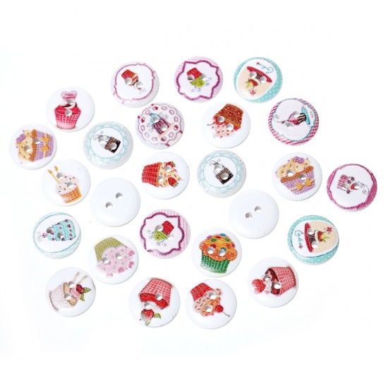 Picture of Wood Sewing Buttons Scrapbooking Round At Random Mixed 2 Holes Cake Pattern 15mm( 5/8") Dia, 20 PCs