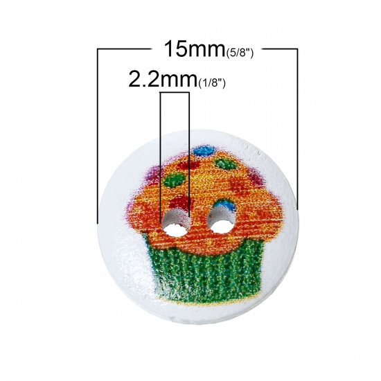 ウッド ボタン 円形  ランダムな色 二つ穴 ケーキ柄 15mm 直径、 20 個 の画像