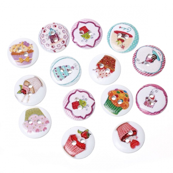 Picture of Wood Sewing Buttons Scrapbooking Round At Random Mixed 2 Holes Cake Pattern 15mm( 5/8") Dia, 20 PCs