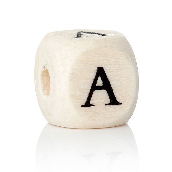 Picture of Wood Spacer Beads Cube Natural Alphabet /Letter Pattern About 10mm x 10mm, Hole: Approx 4mm, 30 PCs