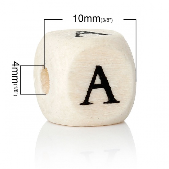 Picture of Wood Spacer Beads Cube Natural Alphabet /Letter Pattern About 10mm x 10mm, Hole: Approx 4mm, 30 PCs