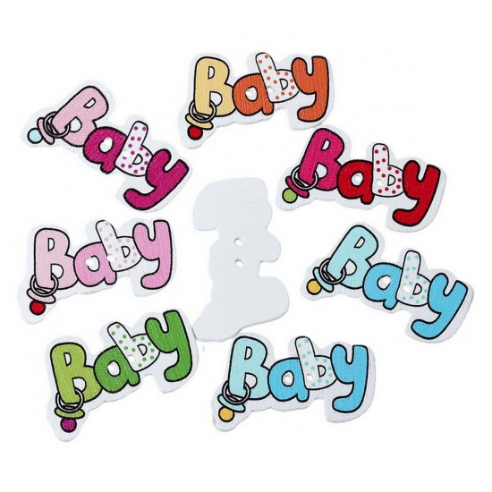 Picture of Wood Sewing Button Scrapbooking Message "Baby" At Random Mixed 2 Holes 36mm x 22mm(1 3/8"x 7/8"), 6 PCs