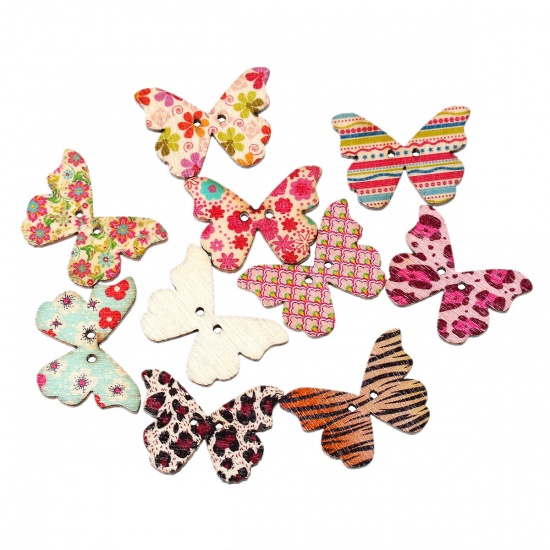 Picture of Wood Sewing Buttons Scrapbooking 2 Holes Butterfly At Random Mixed Flower Pattern 28mm(1 1/8") x 21mm( 7/8"), 7 PCs