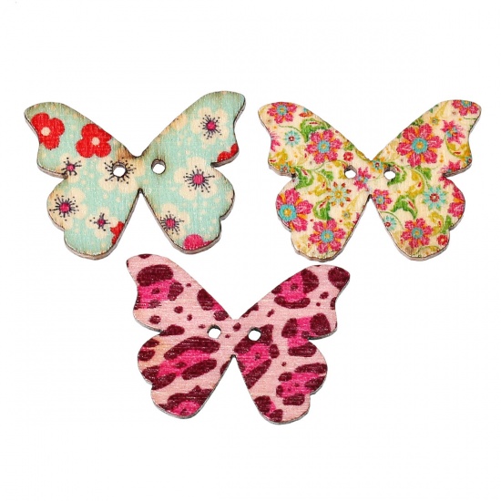 Picture of Wood Sewing Buttons Scrapbooking 2 Holes Butterfly At Random Mixed Flower Pattern 28mm(1 1/8") x 21mm( 7/8"), 7 PCs
