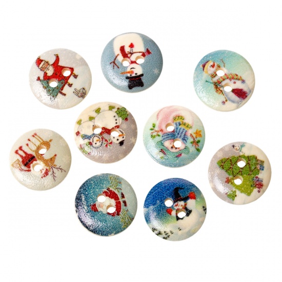 Picture of Wood Sewing Buttons Scrapbooking 2 Holes Round At Random Mixed Christmas Pattern 15mm( 5/8") Dia, 15 PCs