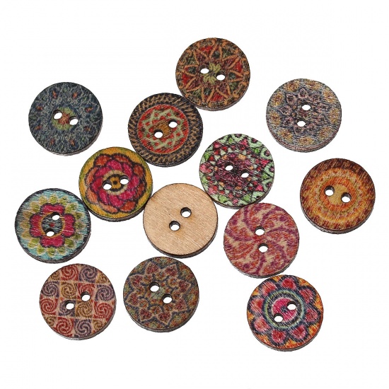 Picture of Wood Sewing Buttons Scrapbooking Round At Random Mixed 2 Holes Pattern 15mm( 5/8") Dia, 20 PCs