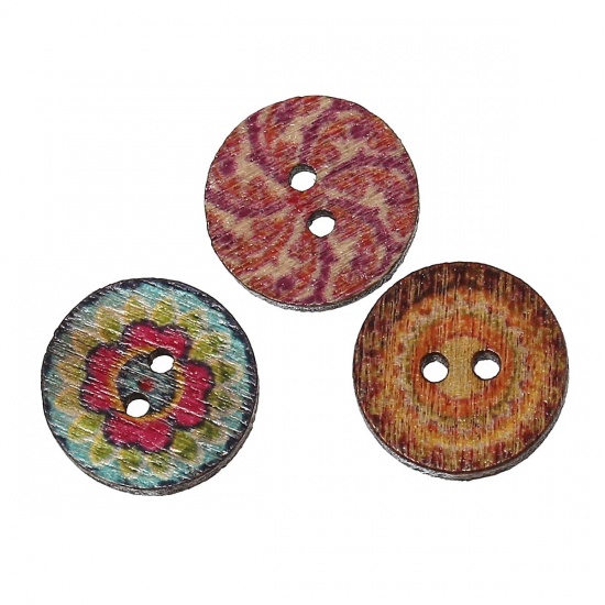 Picture of Wood Sewing Buttons Scrapbooking Round At Random Mixed 2 Holes Pattern 15mm( 5/8") Dia, 20 PCs