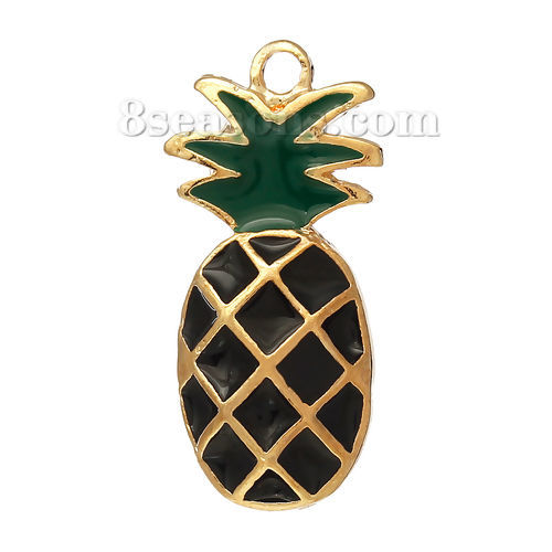 Immagine di Lega di Zinco Ciondoli Ananas Oro Placcato Nero & Verde Smalto 24mm x 11mm , 1 Pz