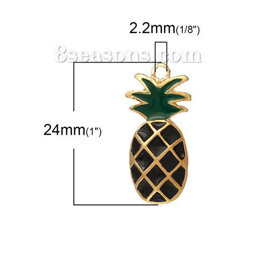 Immagine di Lega di Zinco Ciondoli Ananas Oro Placcato Nero & Verde Smalto 24mm x 11mm , 1 Pz