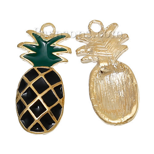 Immagine di Lega di Zinco Ciondoli Ananas Oro Placcato Nero & Verde Smalto 24mm x 11mm , 1 Pz