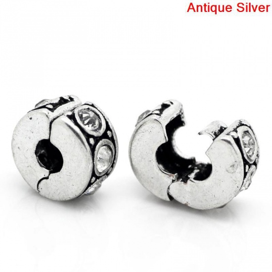 Picture of European Style Beads Round Antique Silver Clear With Rhinestone 11mm x 10mm , 1 Piece