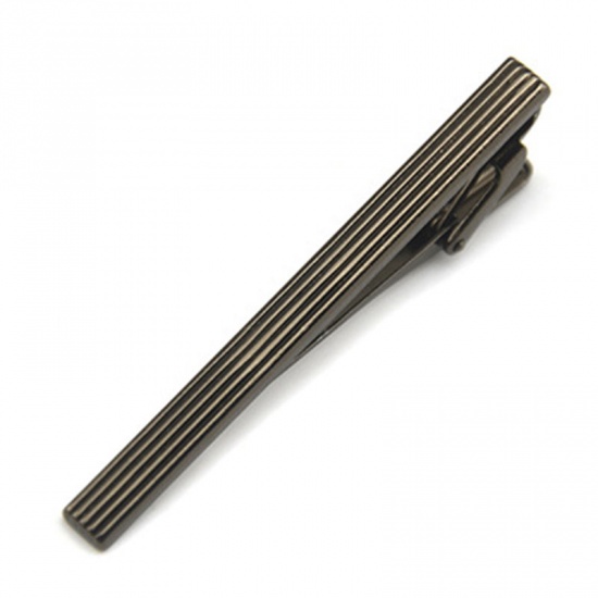 Picture of Men Necktie Tie Clasps Gunmetal Stripe 60mm(2 3/8") x 5mm( 2/8"), 1 Piece