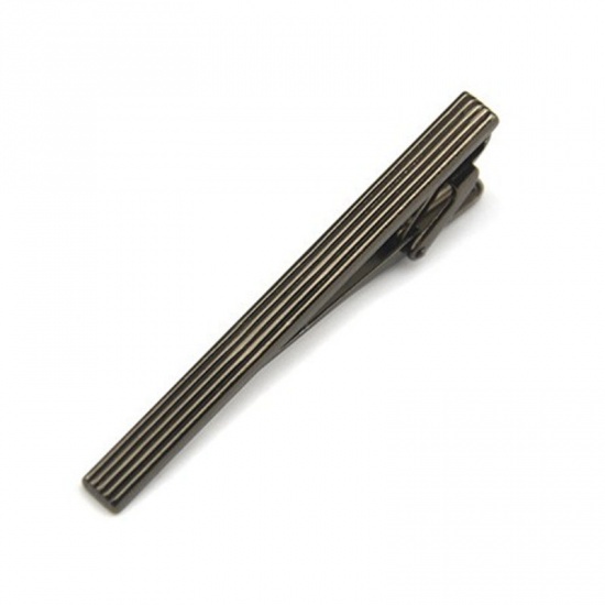Picture of Men Necktie Tie Clasps Gunmetal Stripe 60mm(2 3/8") x 5mm( 2/8"), 1 Piece