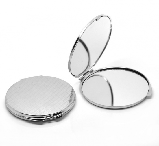 Picture of Make Up Pocket Mirror Cosmetic Round Foldable Silver Tone 8cm x7.4cm(3 1/8" x2 7/8"), 1 Piece