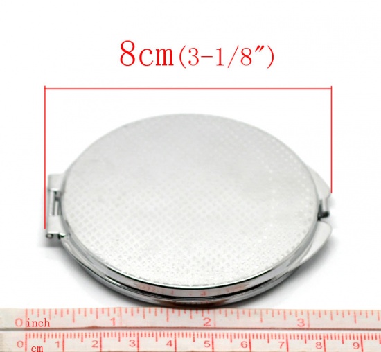 Picture of Make Up Pocket Mirror Cosmetic Round Foldable Silver Tone 8cm x7.4cm(3 1/8" x2 7/8"), 1 Piece