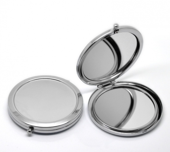 Picture of Make Up Pocket Mirror Cosmetic Round Foldable Silver Tone Cabochon Setting (Fits 5.8cm Dia.) 7.7cm x7cm(3" x2 6/8"), 10 PCs