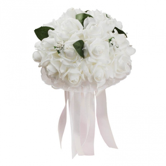 PE 人工花 バラ 白 + 青 29cm x 23cm、 1 束 の画像