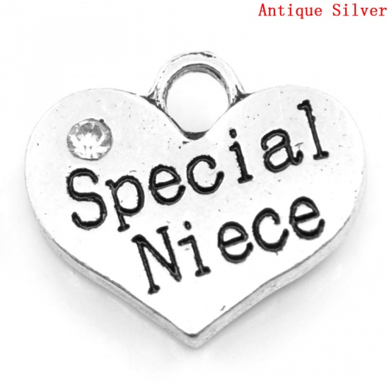 Picture of Zinc Based Alloy Charms Heart Antique Silver Message " Special Niece " Carved Clear Rhinestone 16mm( 5/8") x 14mm( 4/8"), 20 PCs