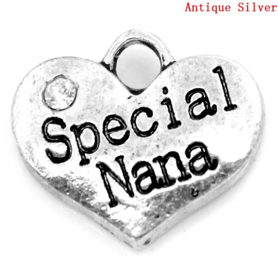 Picture of Zinc Based Alloy Charms Heart Antique Silver Message " Special Nana " Carved Clear Rhinestone 16mm( 5/8") x 14mm( 4/8"), 20 PCs
