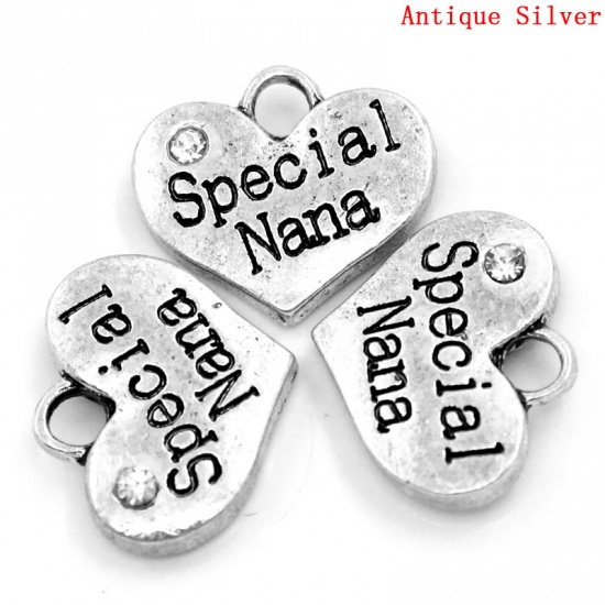 Picture of Zinc Based Alloy Charms Heart Antique Silver Message " Special Nana " Carved Clear Rhinestone 16mm( 5/8") x 14mm( 4/8"), 20 PCs