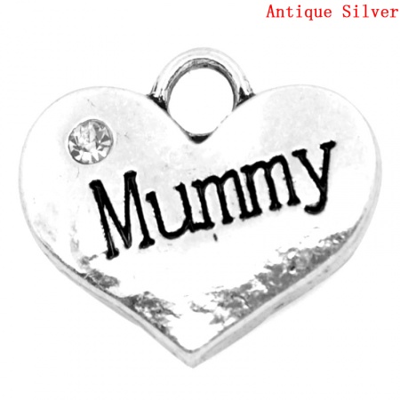 Lega di Zinco Charm Ciondoli Cuore Argento Antico Nulla Disegno Messaggio Mummy Intagliato Bianco Strass 16.0mm x 14.0mm, 20 Pz