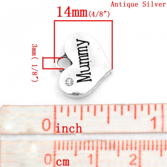 Picture of Zinc Based Alloy Charms Heart Antique Silver Message " Mummy " Carved Clear Rhinestone 16mm( 5/8") x 14mm( 4/8"), 20 PCs