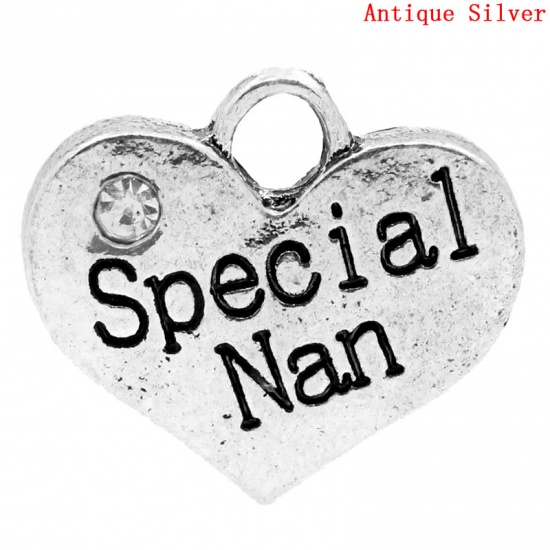 Picture of Zinc Based Alloy Charms Heart Antique Silver Message " Special Nan " Carved Clear Rhinestone 16mm( 5/8") x 14mm( 4/8"), 20 PCs