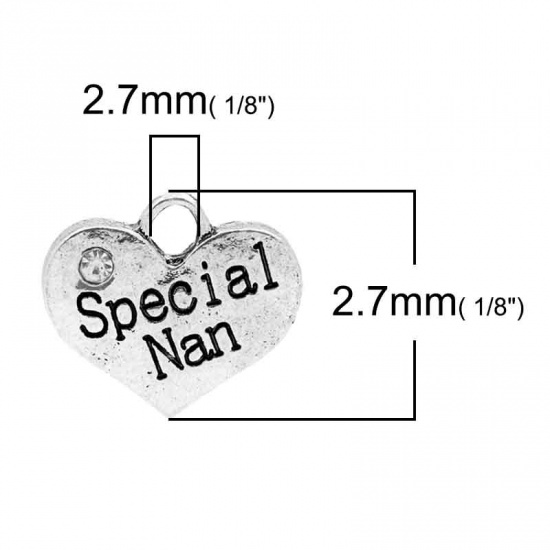 Picture of Zinc Based Alloy Charms Heart Antique Silver Message " Special Nan " Carved Clear Rhinestone 16mm( 5/8") x 14mm( 4/8"), 20 PCs