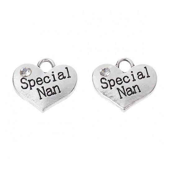 Picture of Zinc Based Alloy Charms Heart Antique Silver Message " Special Nan " Carved Clear Rhinestone 16mm( 5/8") x 14mm( 4/8"), 20 PCs