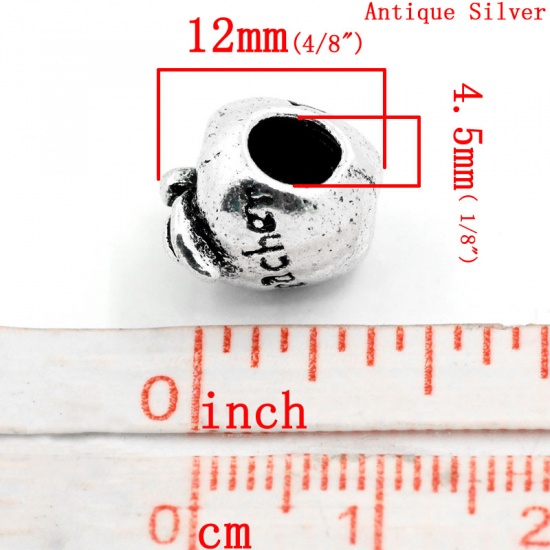 Picture of Zinc Metal Alloy European Style Large Hole Charm Beads Apple Antique Silver Message "Teacher" Carved About 12mm x 11mm, Hole: Approx 4.5mm, 10 PCs