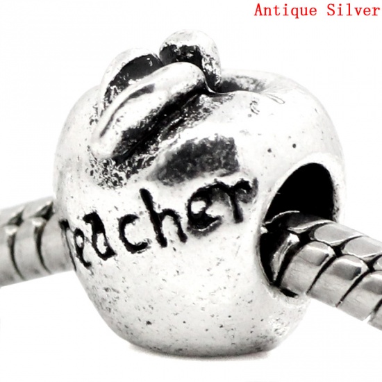 Picture of Zinc Metal Alloy European Style Large Hole Charm Beads Apple Antique Silver Message "Teacher" Carved About 12mm x 11mm, Hole: Approx 4.5mm, 10 PCs