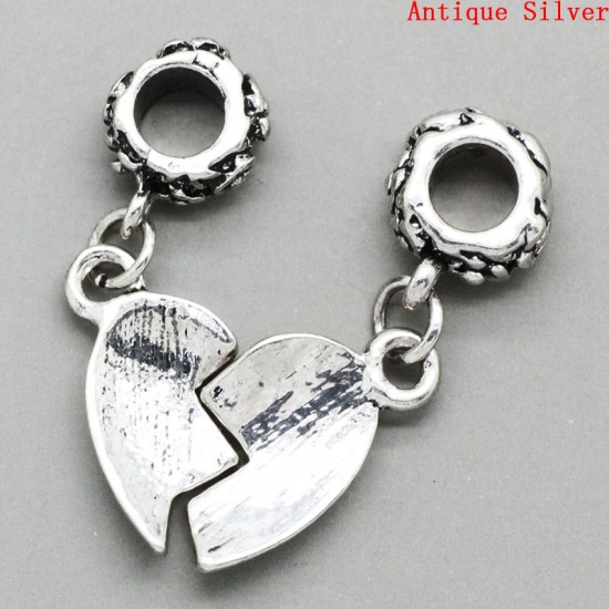 Picture of Zinc Metal Alloy European Style Large Hole Charm Dangle Beads Broken Heart Antique Silver Message " Mother & Daughter" Carved 29mm x 20mm, 10 Sets