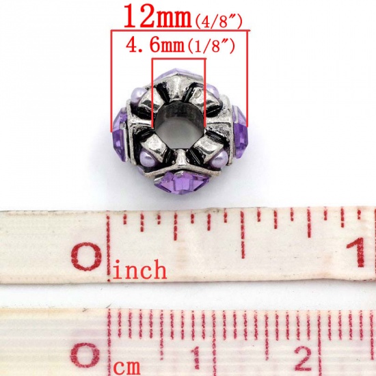 Immagine di Lega di Zinca + Acrilato Stile Europeo Perline Tondo Colore Viola Argento Antico Ametista Strass Circa 12.0mm x 12.0mm, Foro: Circa 4.6mm, 10 Pz