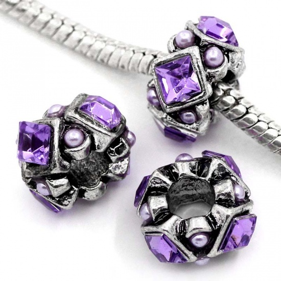 Immagine di Lega di Zinca + Acrilato Stile Europeo Perline Tondo Colore Viola Argento Antico Ametista Strass Circa 12.0mm x 12.0mm, Foro: Circa 4.6mm, 10 Pz