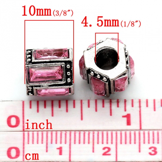 Picture of Zinc Metal Alloy European Style Large Hole Charm Beads Cylinder Antique Silver Pattern Carved Pink Rhinestone 12x11mm, Hole: Approx: 4.5mm, 10 PCs