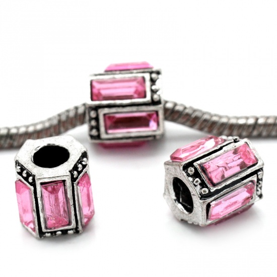 Picture of Zinc Metal Alloy European Style Large Hole Charm Beads Cylinder Antique Silver Pattern Carved Pink Rhinestone 12x11mm, Hole: Approx: 4.5mm, 10 PCs