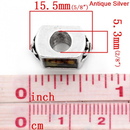 Picture of Zinc Metal Alloy European Style Large Hole Charm Beads Rectangle Antique Silver Monalisa Pattern Flower Carved Clear Rhinestone 15.5x9.5mm, Hole: Approx: 5.3mm, 10 PCs