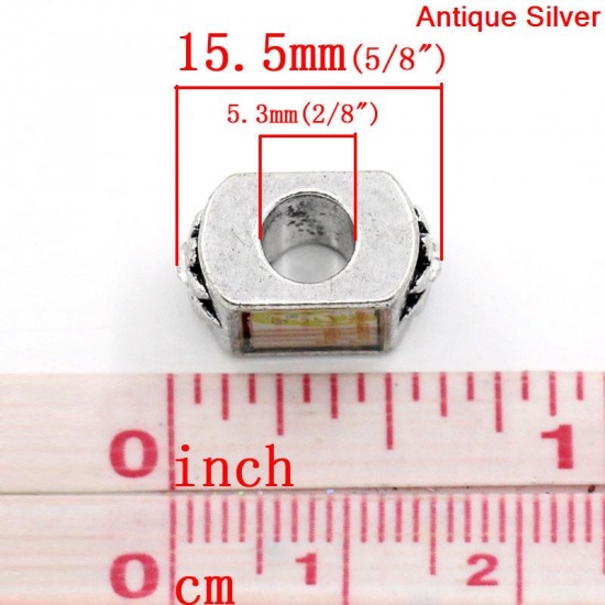 Picture of Zinc Metal Alloy European Style Large Hole Charm Beads Rectangle Antique Silver Message "Happy Teacher's Day" Pattern Flower Carved Clear Rhinestone 15.5x9.5mm, Hole: Approx: 5.3mm, 10 PCs